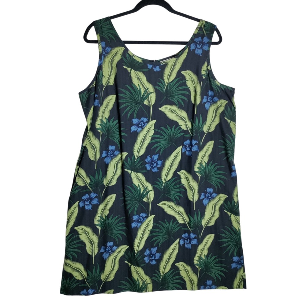 Pineapple Moon Women 1X Silk Tropical Palm Floral Sleeveless Shift Dress Navy